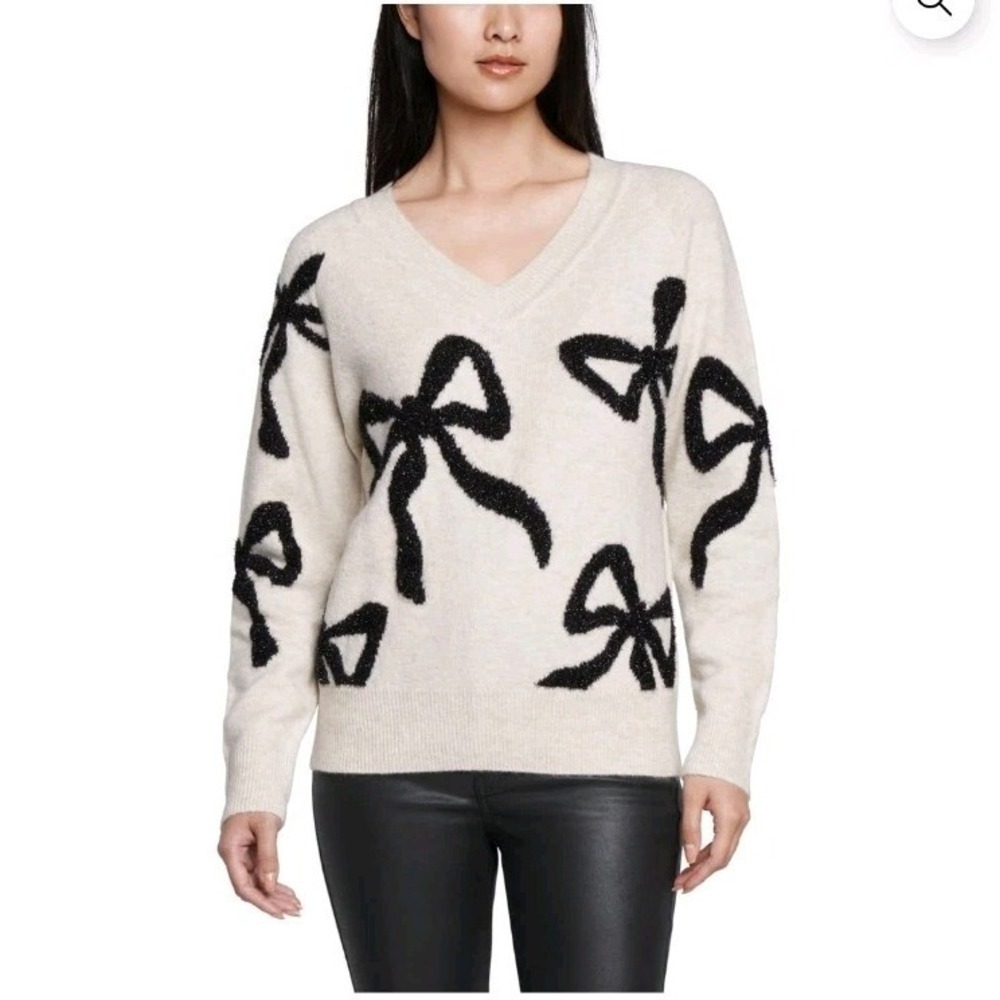 NEW Express Cream Black Bows Embellished Dainty Novelty V-Neck Sweater Size L‎